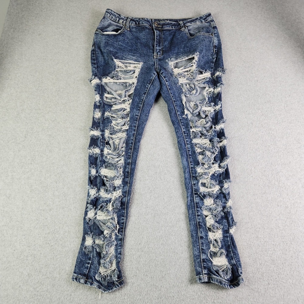 rue21 Jeggings Womens 32x27 Blue Denim‎ Mid Rise Heavy Shredded Distressed Edgy